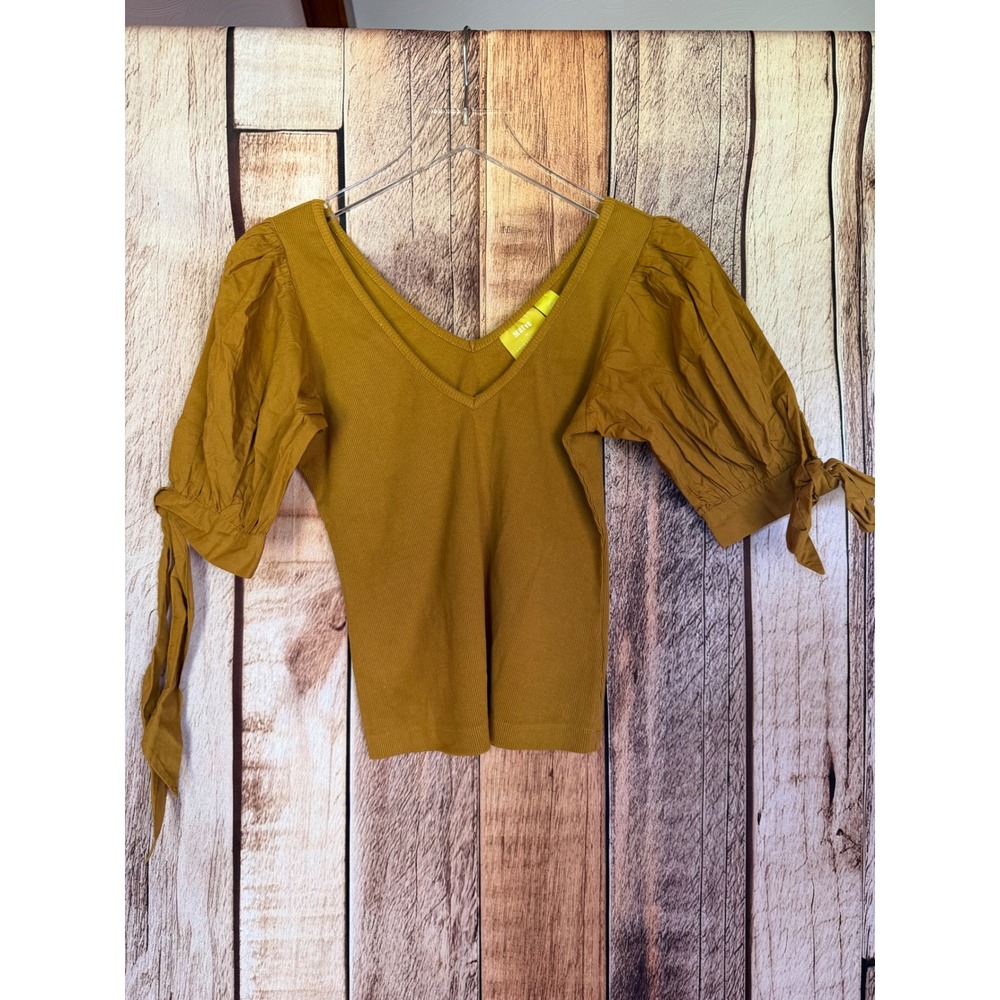 Maeve‎ Anthropologie Puff Sleeve Rib Knit Top Mustard Boho Romantic Small Petite